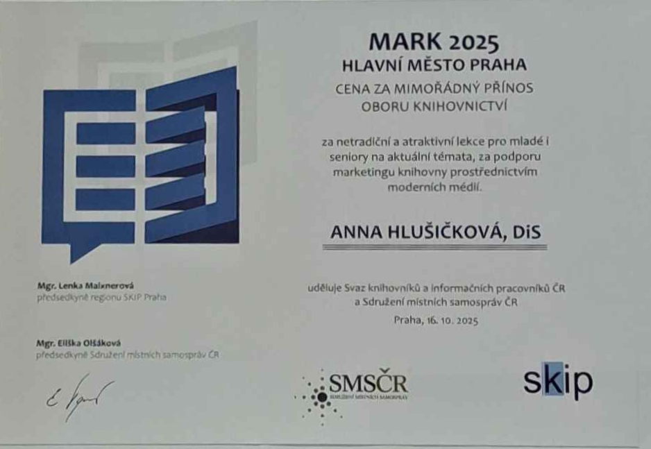 Diplom pro Annu Hlušičkovou - MARK 2025 za mimořádný přínos v oboru knihovnictví