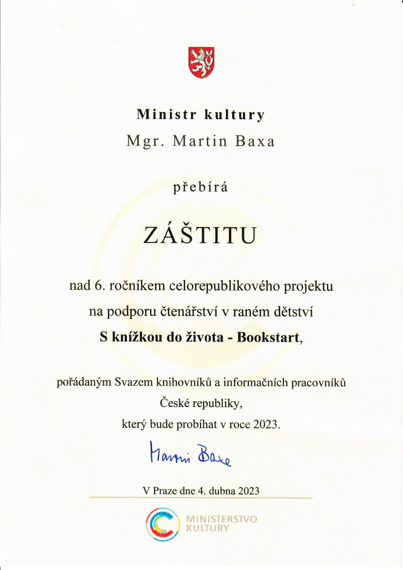 Záštita ministra kultury nad 6. ročníkem projektu S knížkou do života (Bookstart)